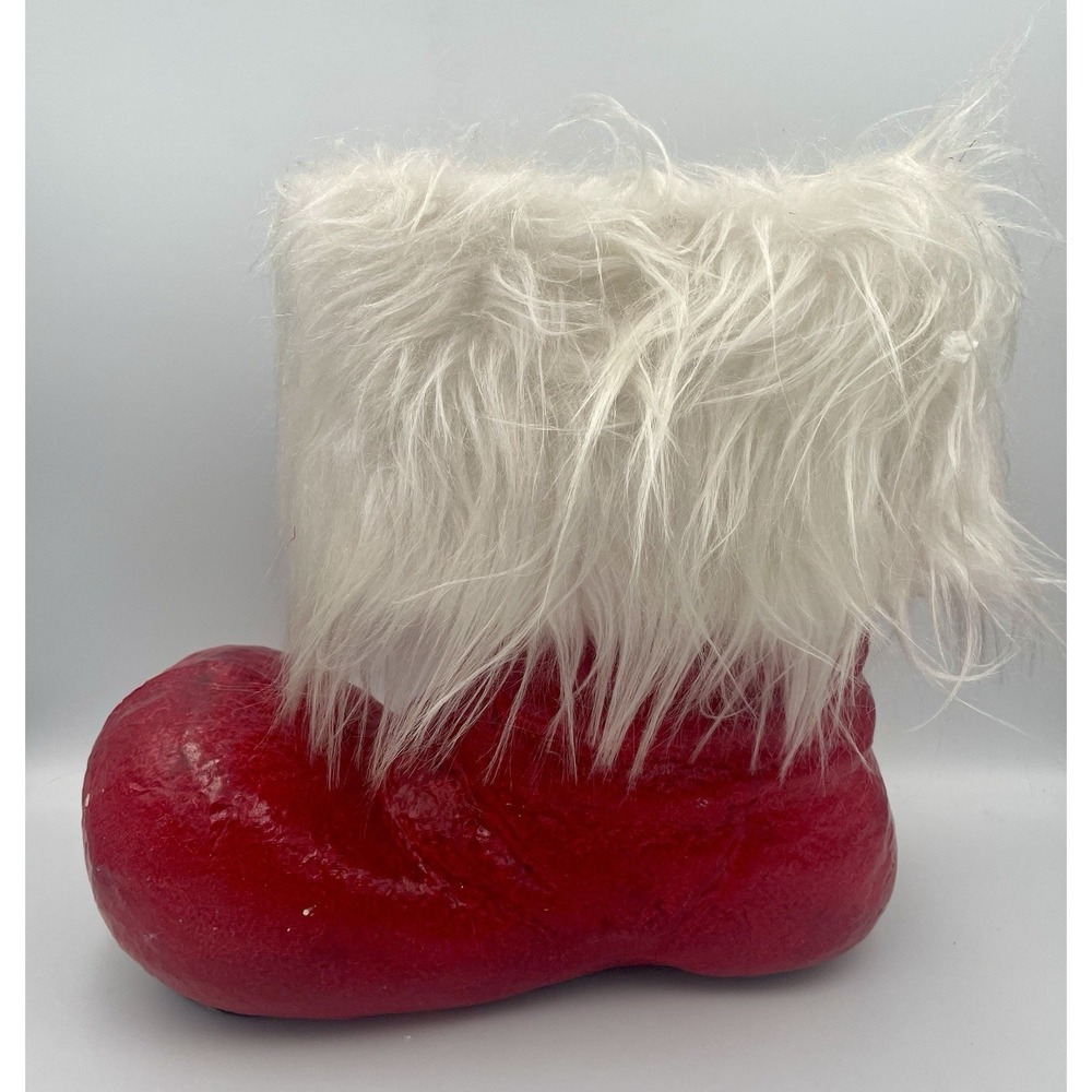 Vintage Paper Mache Large Santa Boot 11" Red With Faux Fur MCM Christmas Decor